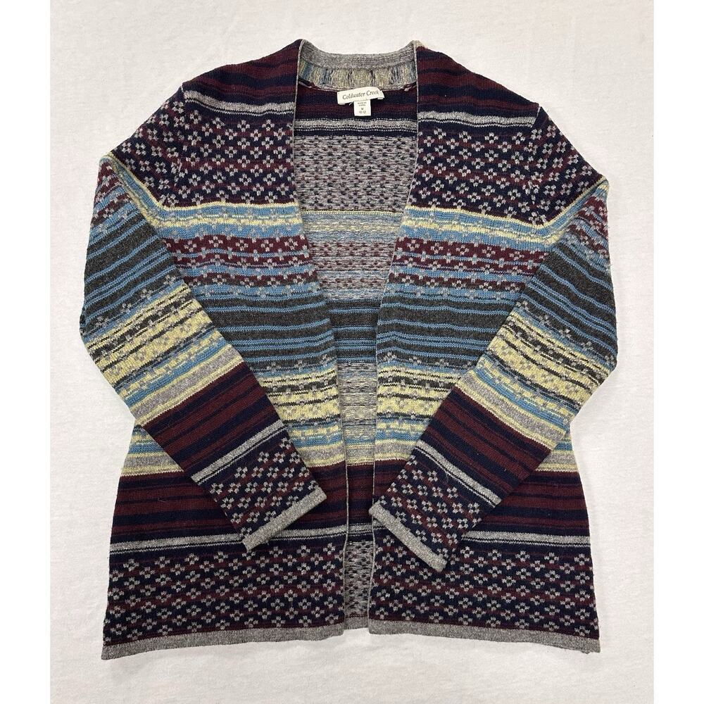 Coldwater Creek Wool Blend Open Cardigan Nordic Sweater Size L Blue Burgundy